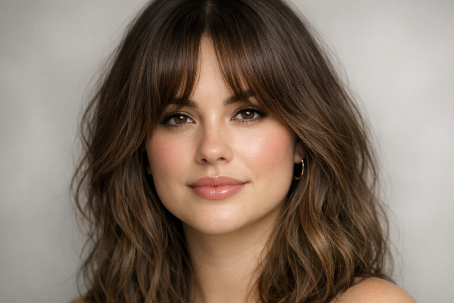 Woman with curtain bangs flattering a round face shape