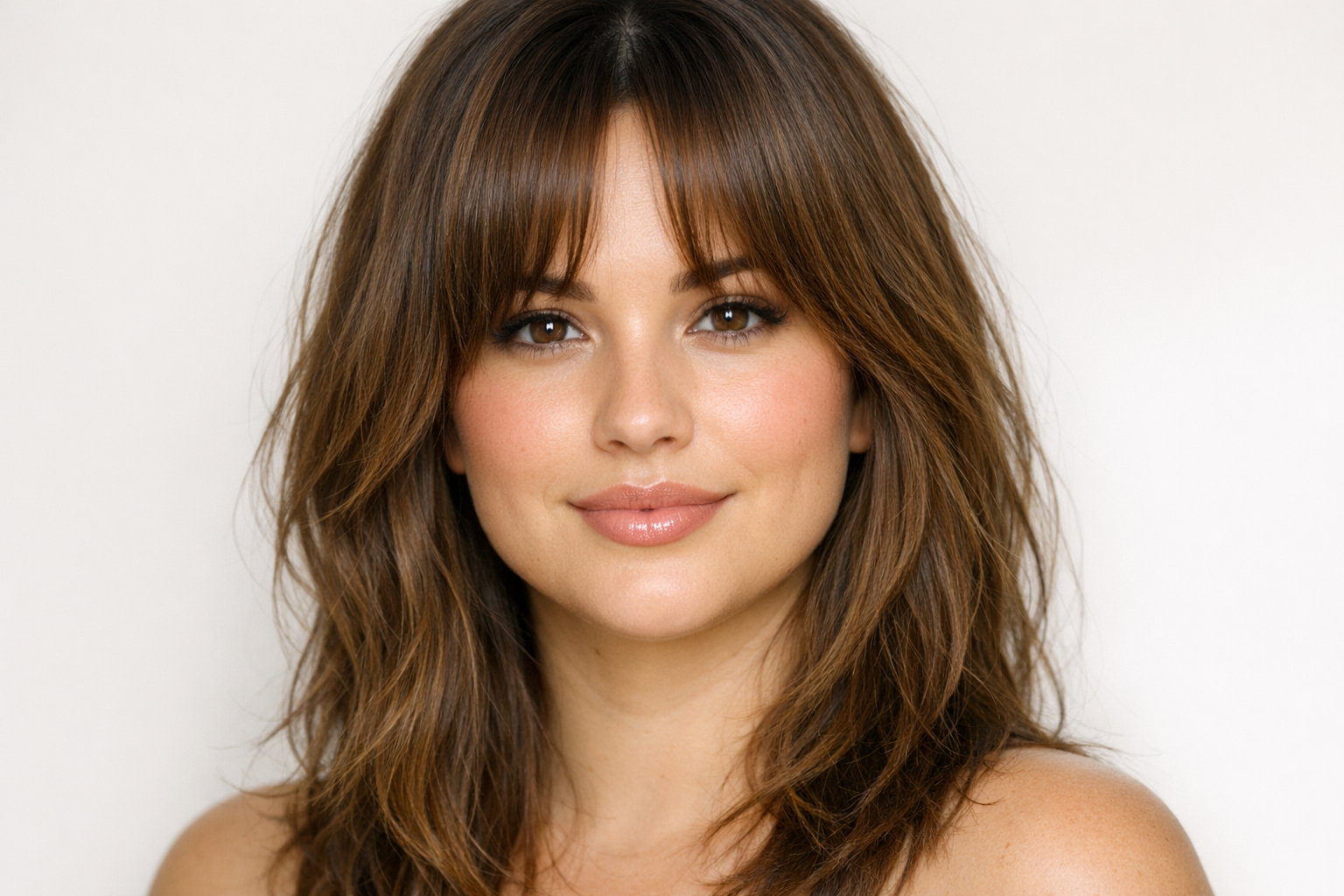 Curtain bangs on a round face woman