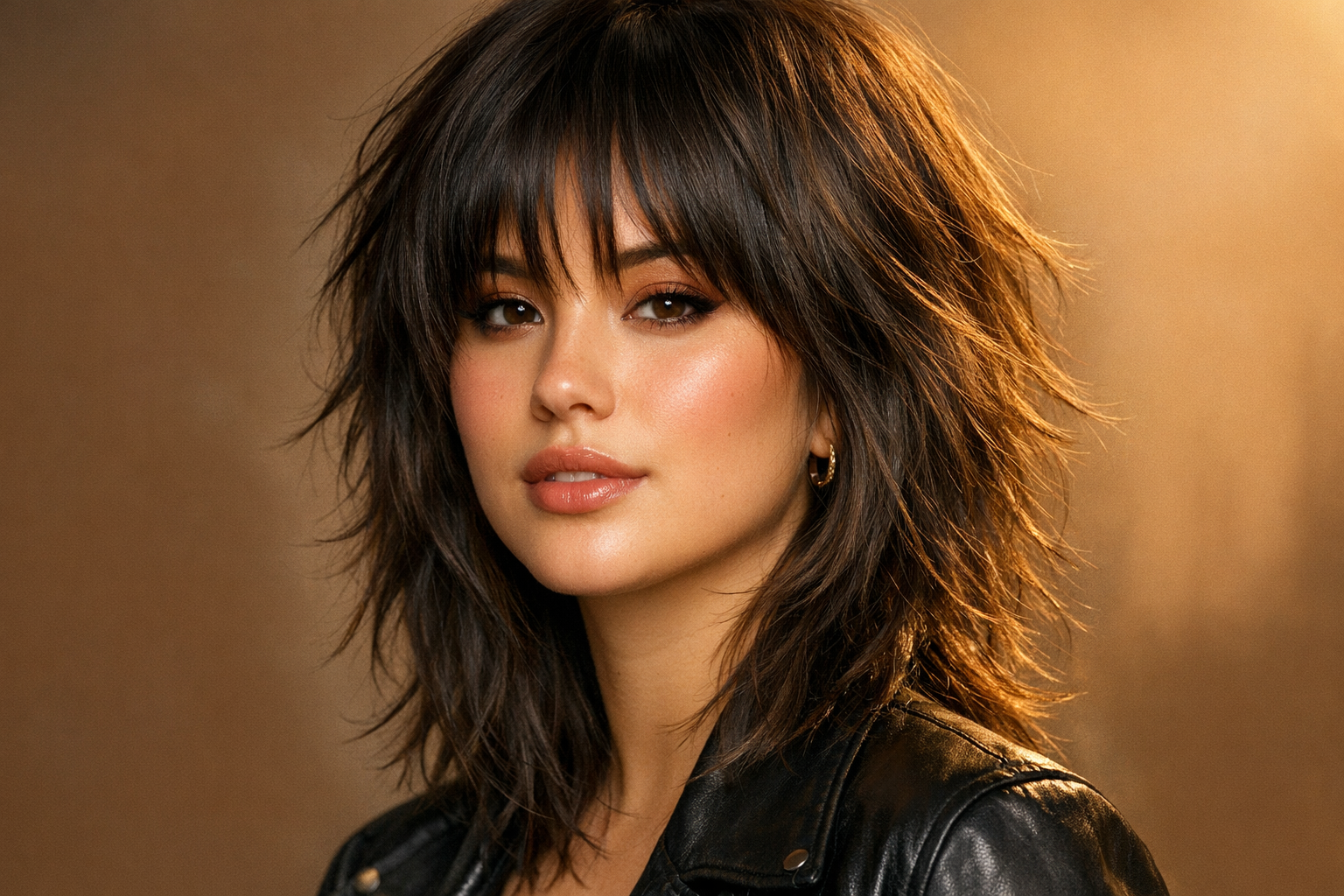 Woman with wolf cut hairstyle flattering a round face