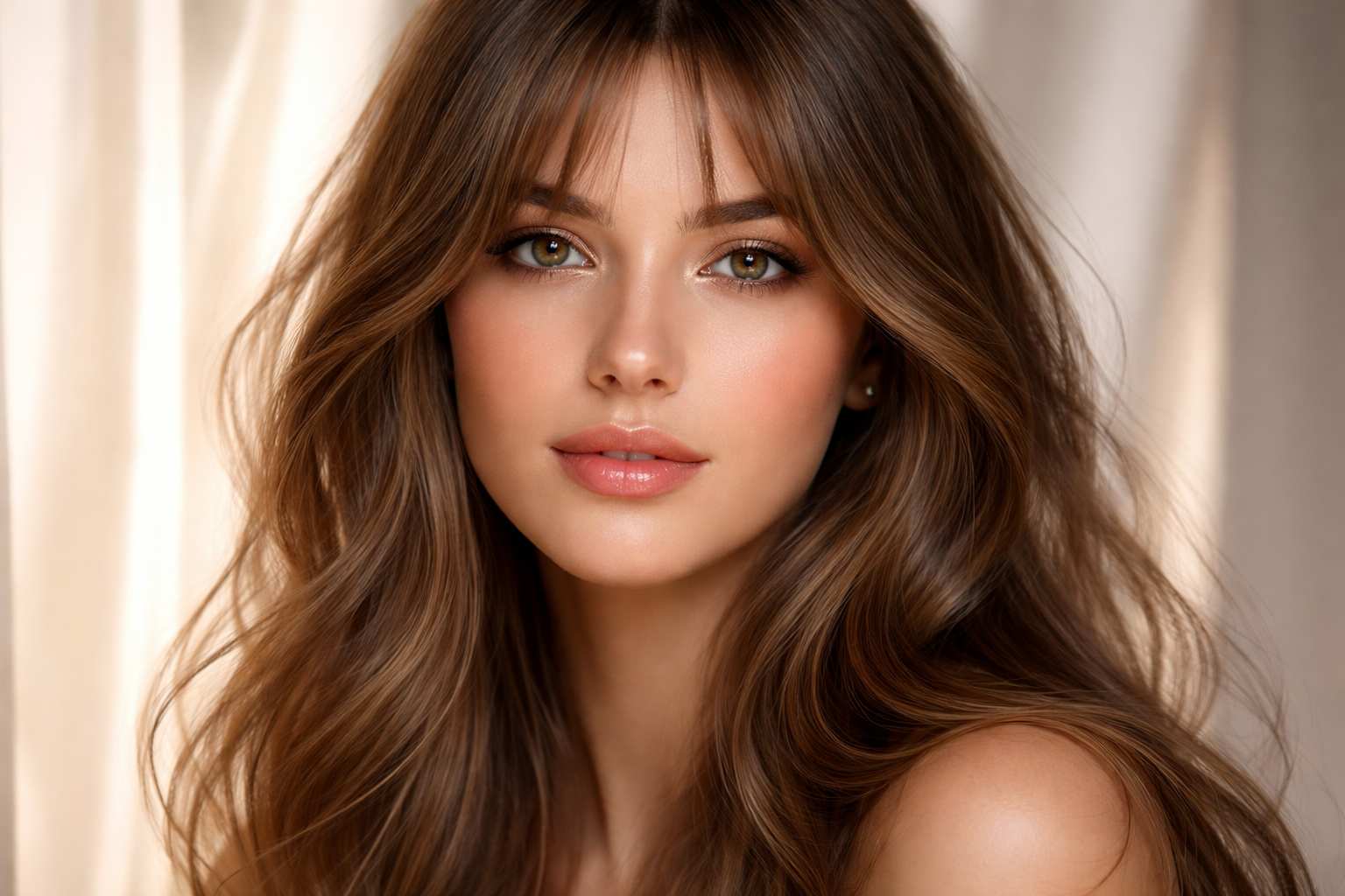 Woman with curtain bangs and flattering hairstyle