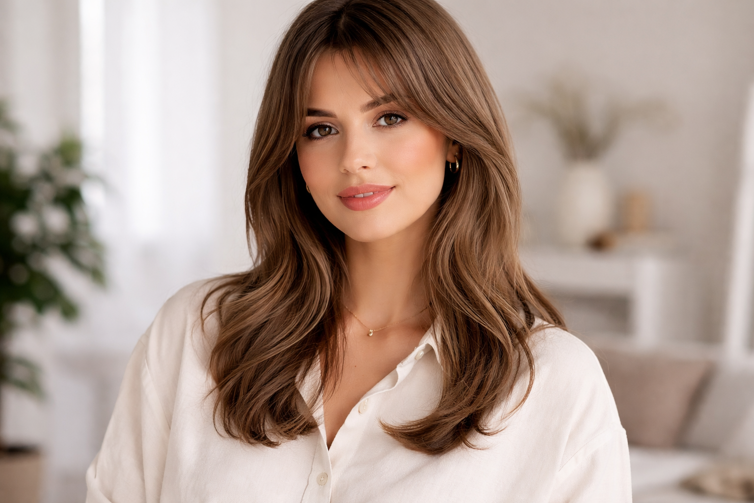 Woman with curtain bangs and flattering hairstyle