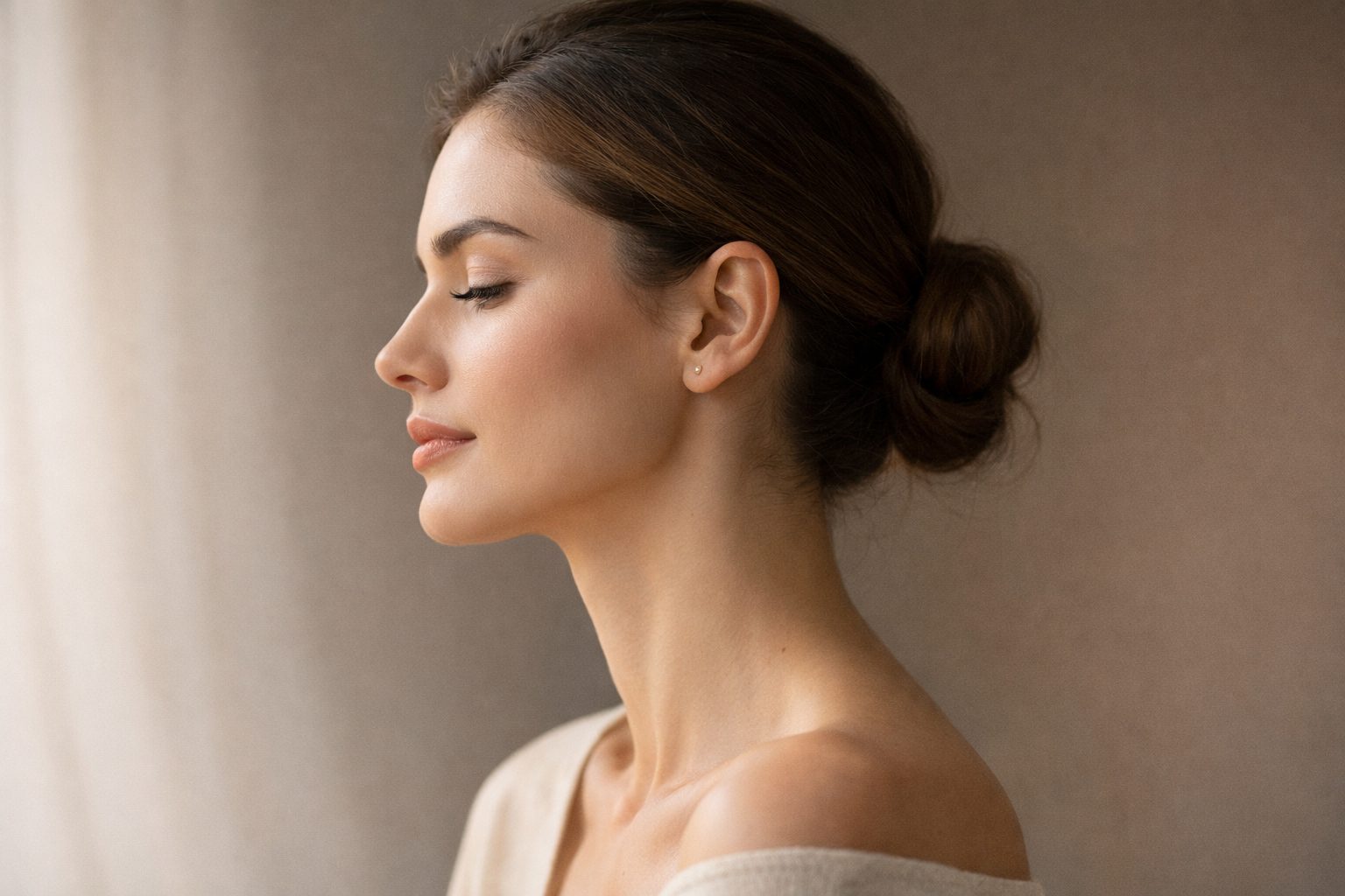 Woman with defined jawline in profile
