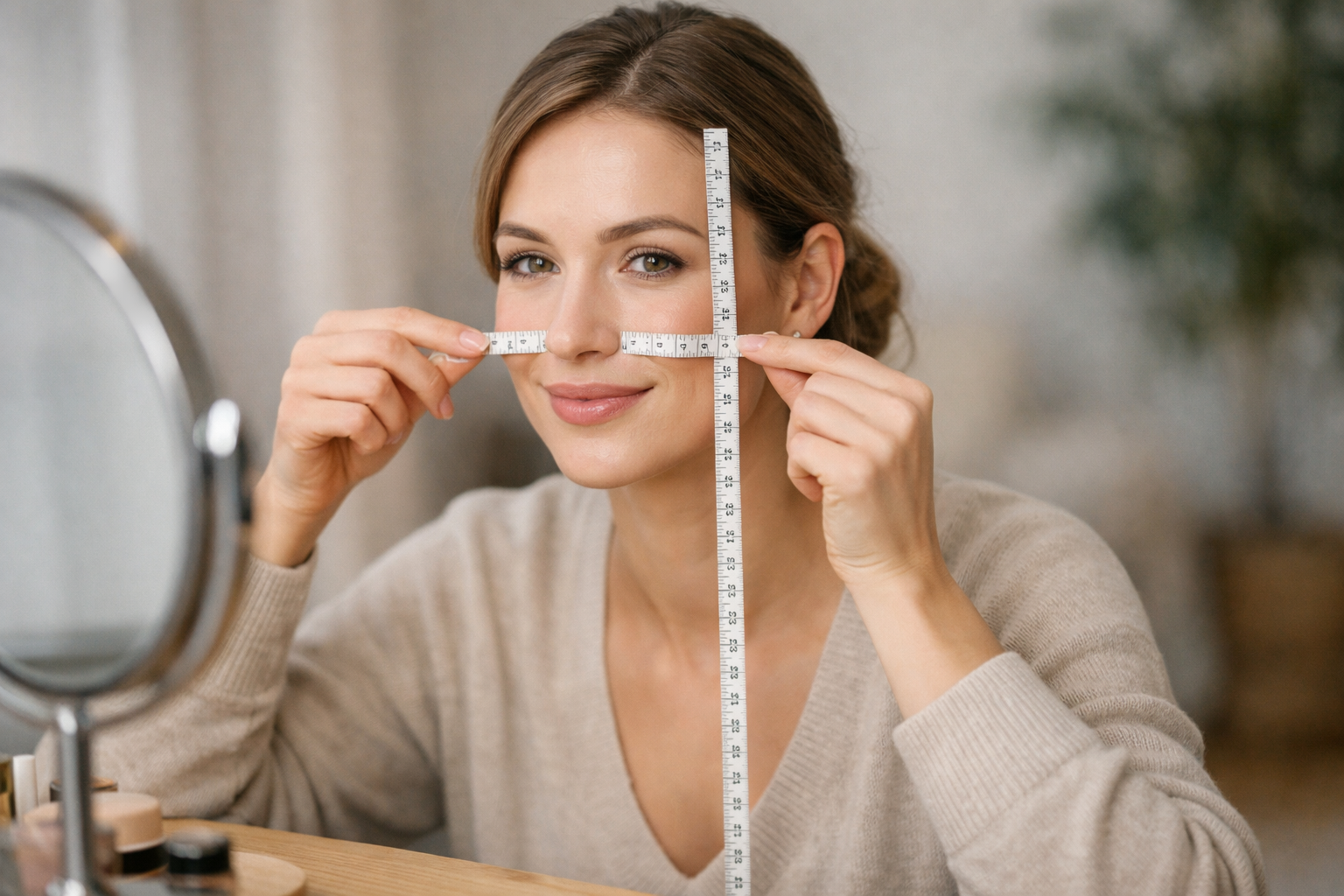 Woman measuring face proportions in mirror