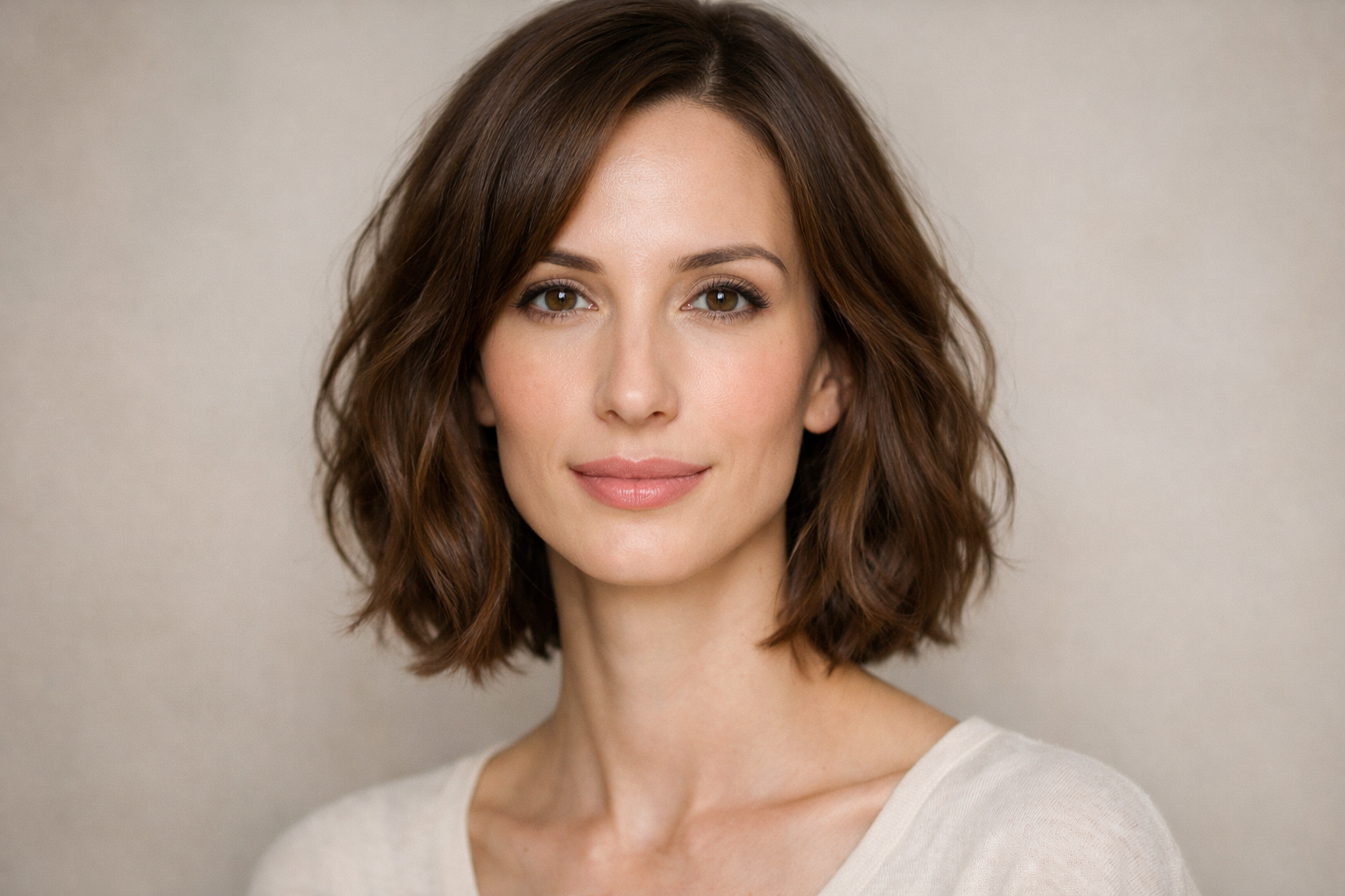 Woman with oblong face shape and flattering hairstyle with horizontal volume