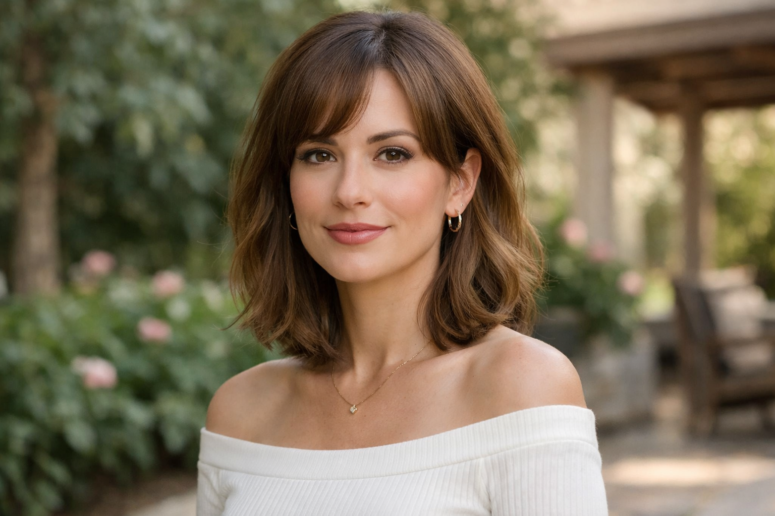 Woman with oblong face shape and flattering hairstyle with horizontal volume